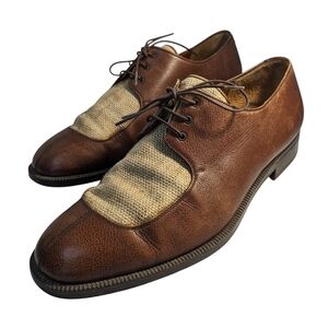 Salvatore Ferragamo Brown and Tan Rattan Leather Oxfords Size 7.5 EE Monroe Flaw